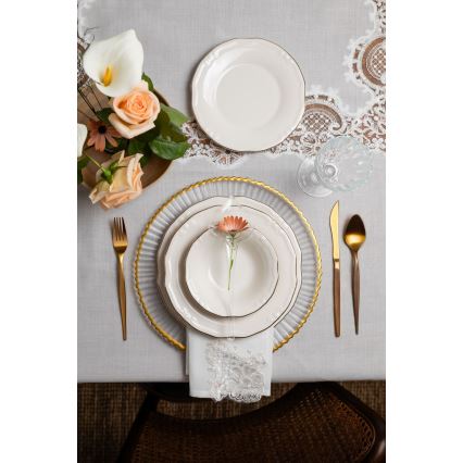 Juego de vajilla de 24 piezas: porcelana blanca con detalles dorados