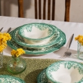 Juego de vajilla de 24 piezas, porcelana blanca con detalles en verde