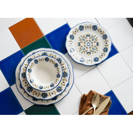 Juego de vajilla de 24 piezas, porcelana, blanco/azul/amarillo