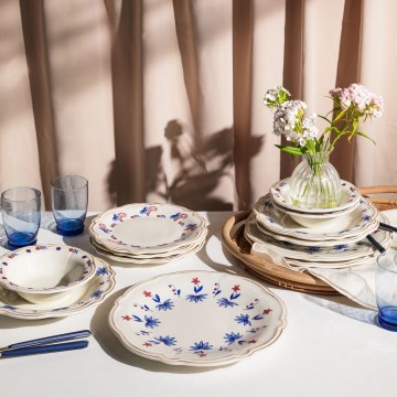 Juego de vajilla de 24 piezas, porcelana, blanco/azul/rojo