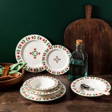 Juego de vajilla de 24 piezas, porcelana, blanco/rojo/verde