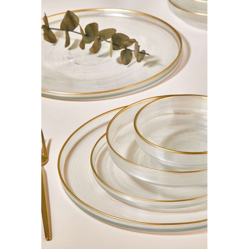 Juego de vajilla de 24 piezas — cristal transparente con detalles dorados