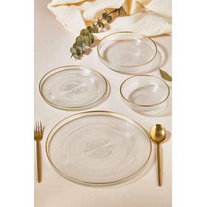 Juego de vajilla de 24 piezas — cristal transparente con detalles dorados
