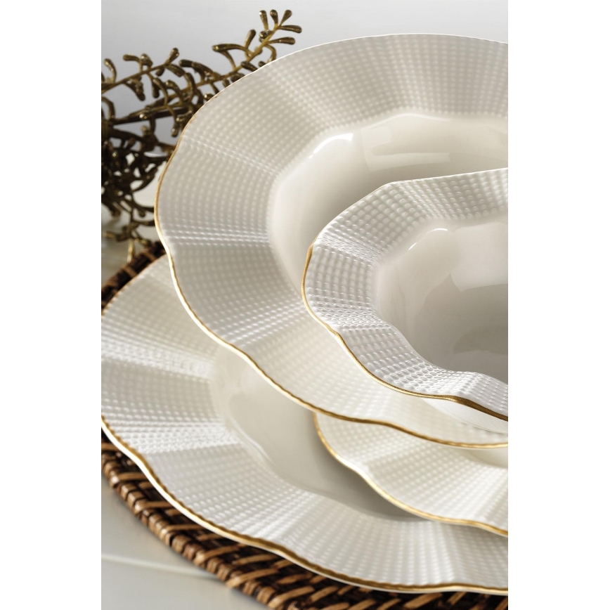Juego de vajilla de 26 piezas, porcelana blanca con detalles dorados