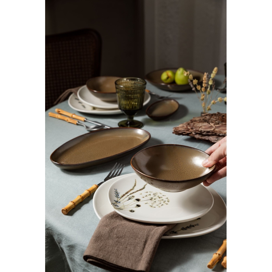 Juego de vajilla de 27 piezas, blanco/marrón, de porcelana
