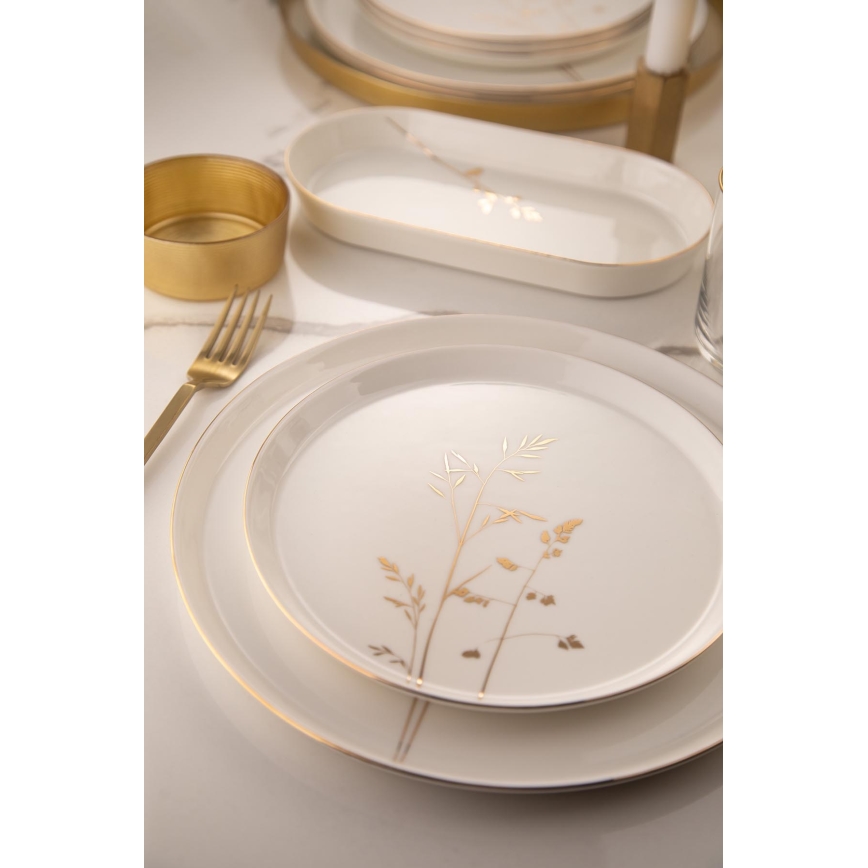 Juego de vajilla de 27 piezas de porcelana blanca con detalles dorados