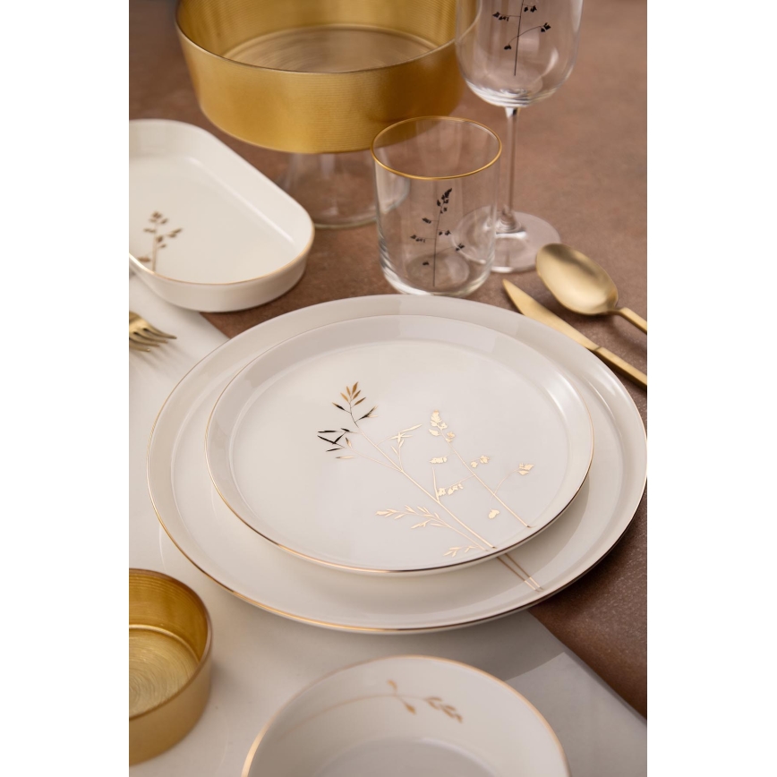 Juego de vajilla de 27 piezas de porcelana blanca con detalles dorados