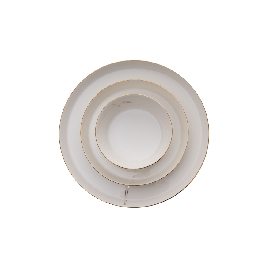 Juego de vajilla de 27 piezas de porcelana blanca con detalles dorados