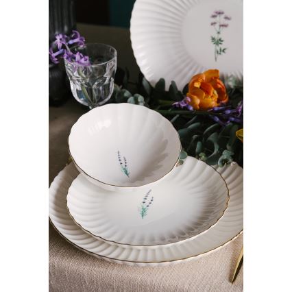 Juego de vajilla de 27 piezas en porcelana blanca con detalles dorados