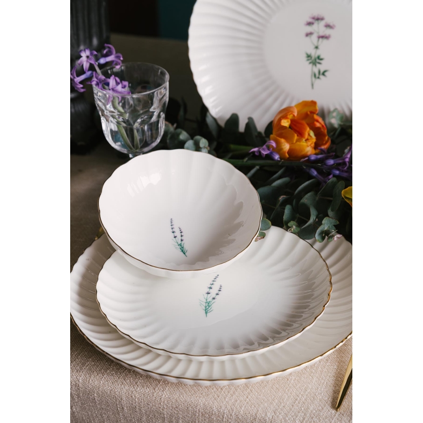 Juego de vajilla de 27 piezas en porcelana blanca con detalles dorados