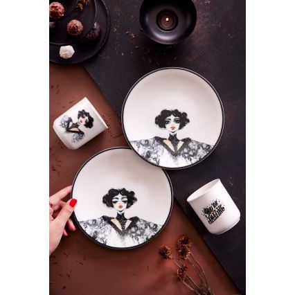 Juego de vajilla de 4 piezas, porcelana, negro/blanco