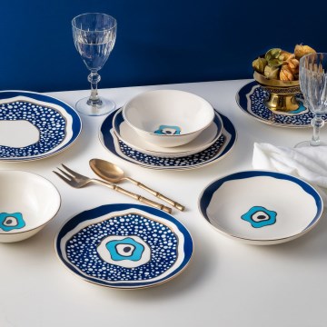 Juego de vajilla de porcelana, 24 piezas — blanco/azul/dorado