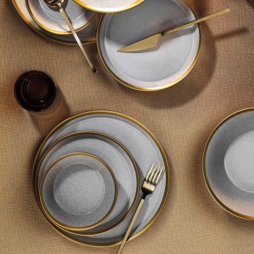 Juego de vajilla de porcelana de 8 piezas, gris/dorado