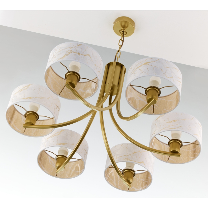 Jupiter 2098 - Lámpara colgante con cadena ARTHUR 6xE27/15W/230V blanca/dorada con decoración de mármol