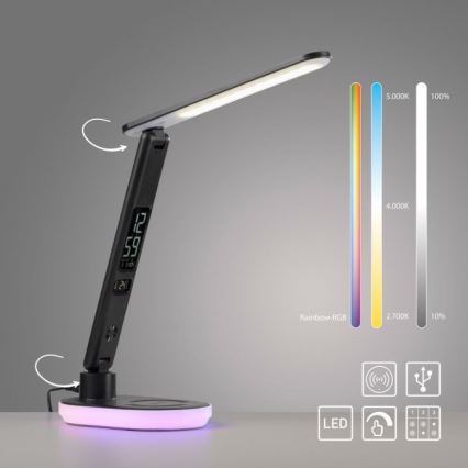 JUST LIGHT. 11018-18 - Lámpara de sobremesa táctil regulable LED RGBW con carga inalámbrica TINA LED/4W/230V, negra