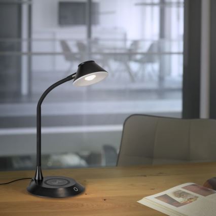 JUST LIGHT. 14414-18 - Lámpara de sobremesa LED regulable, flexible y táctil con carga inalámbrica PUCKI LED/4,5W/230V negra