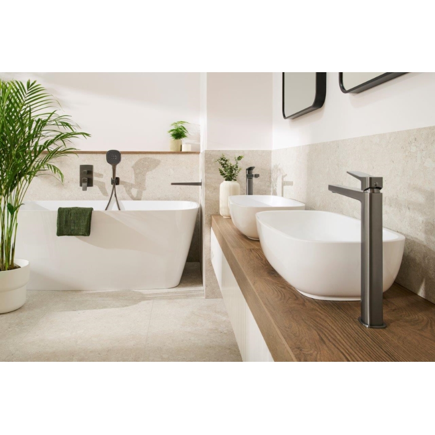 KFA Armatura 4522-815-61 - Grifo para lavabo + desagüe MALAGA, 15,9 cm, gris metálico