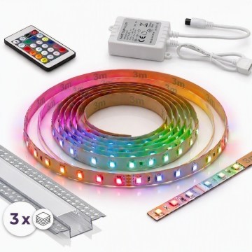 KIT 1x tira LED RGBW regulable DIGITAL LED/9,6W/230V 3 m + 3x perfil empotrable 1 m plateado/blanco + mando a distancia
