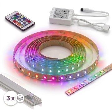 KIT 1x tira LED RGBW regulable DIGITAL LED/9,6W/230V 3 m + 3x perfil empotrable de 1 m plateado/blanco + mando a distancia