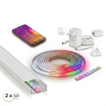Kit 1x tira LED RGBW regulable Philips Hue WHITE AND COLOR AMBIANCE LED/20W/230V, 2 m + 2x perfil empotrado de 1 m, plateado/blanco