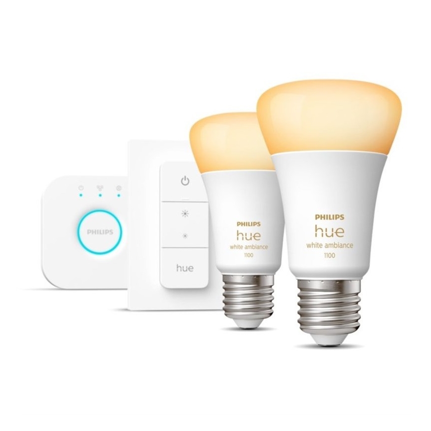 Kit básico Philips Hue WHITE AMBIANCE 2xE27/8W/230V + Hue Bridge y interruptor regulador