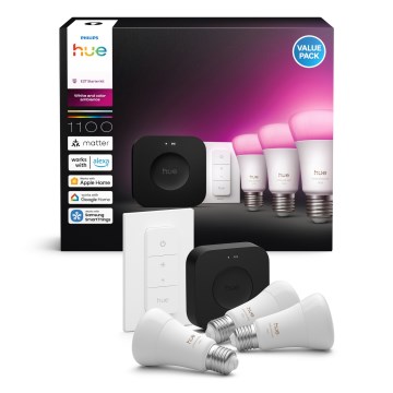 Kit de inicio Philips Hue WHITE AND COLOR AMBIANCE 3xE27/8,1W 1000-20000K + Hue Bridge y Dimmer Switch