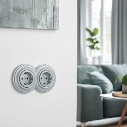 Kliklap - Enchufe doble de estilo retro para hogar con marco SCHUKO 230 V, gris