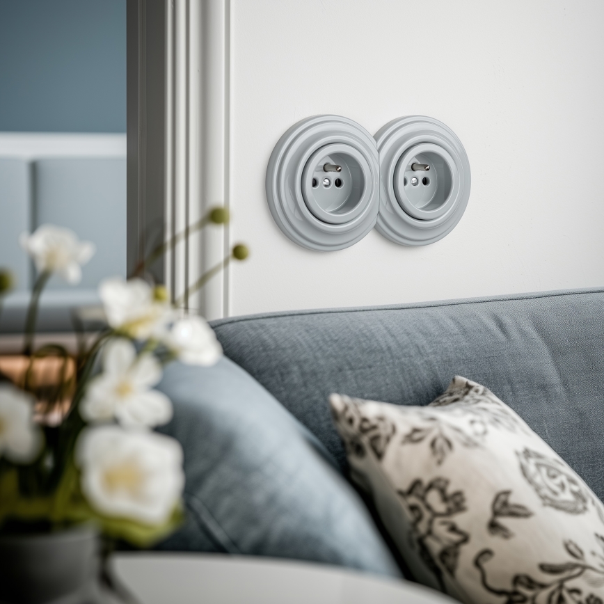Kliklap - Enchufe doble de pared estilo retro con marco, 230 V, gris