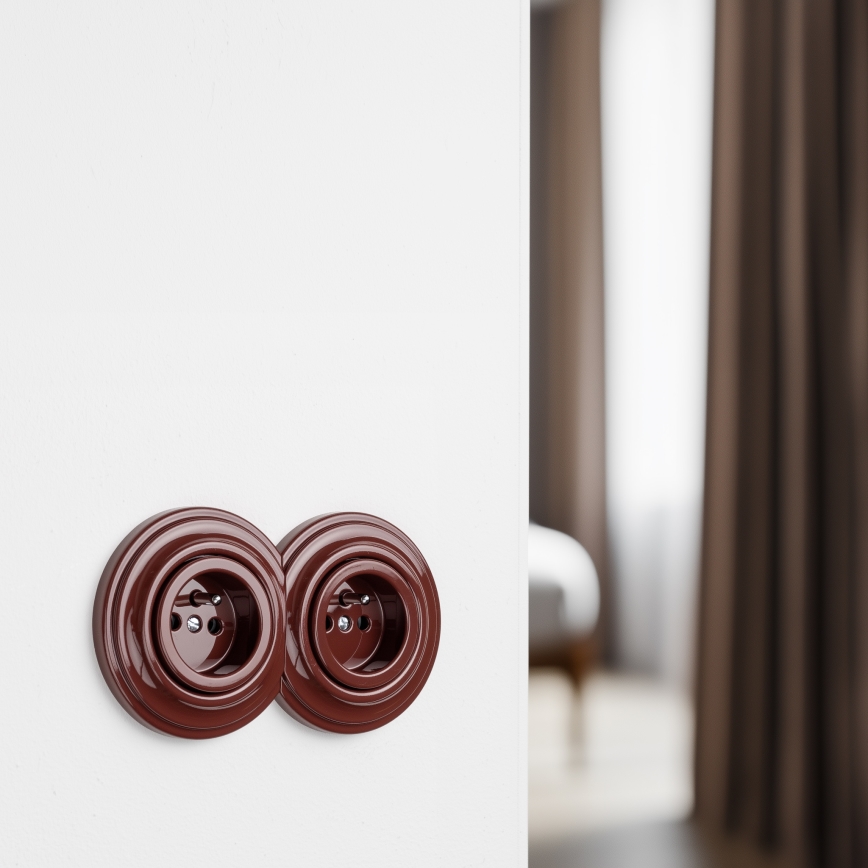 Kliklap - Enchufe doble retro de pared con marco 230 V marrón