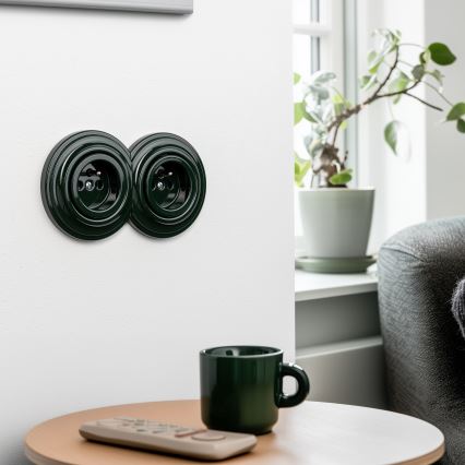 Kliklap - Enchufe doble retro para uso doméstico con marco, 230 V, verde