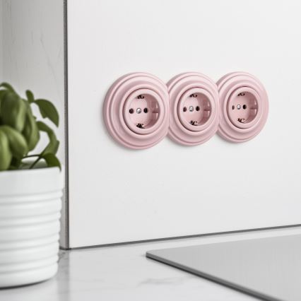 Kliklap - Enchufe triple retro para uso doméstico con marco SCHUKO 230V, rosa empolvado