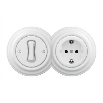 Kliklap - Interruptor unipolar retro n.º 1 y enchufe SCHUKO 230 V con marco color blanco nieve