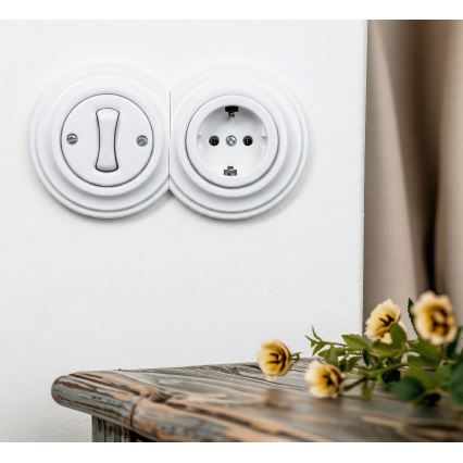 Kliklap - Interruptor unipolar retro n.º 1 y enchufe SCHUKO 230 V con marco color blanco nieve