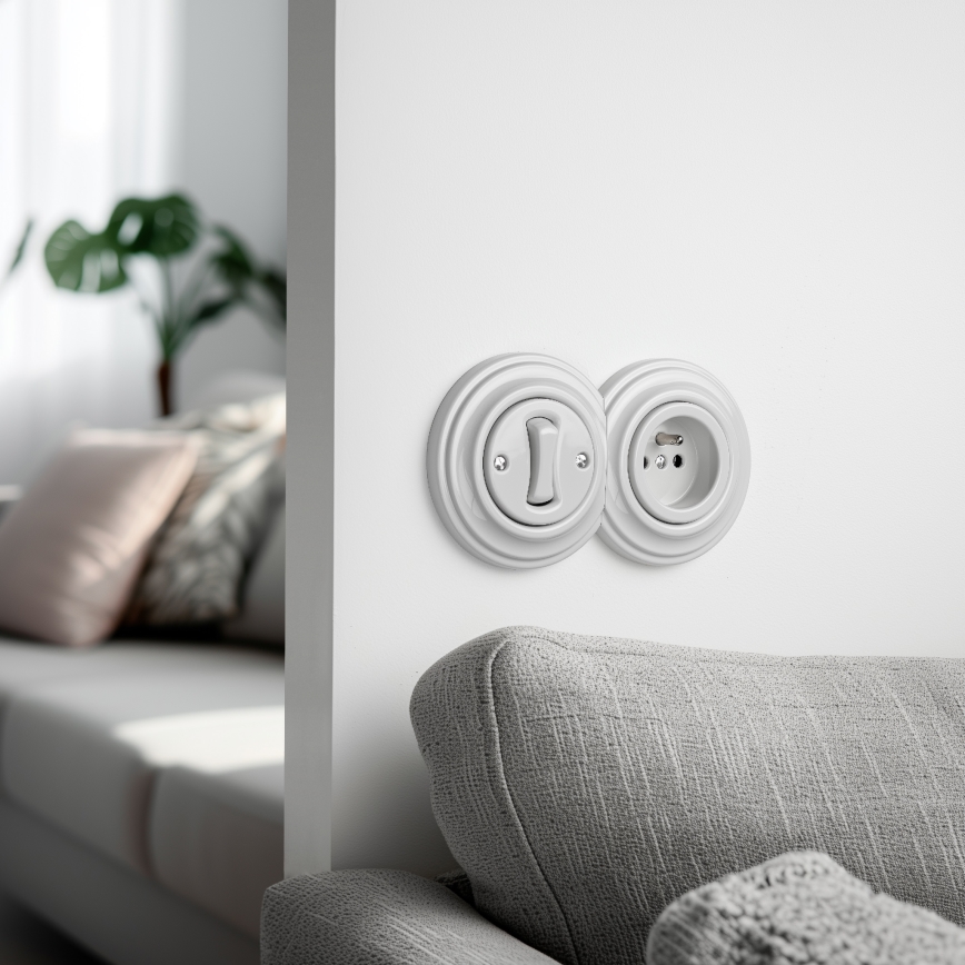 Kliklap - Retro interruptor unipolar n.º 1 y toma de corriente 230 V con marco, cerámica blanca