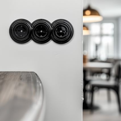 Kliklap - Toma de corriente triple retro de pared con marco SCHUKO 230V negra