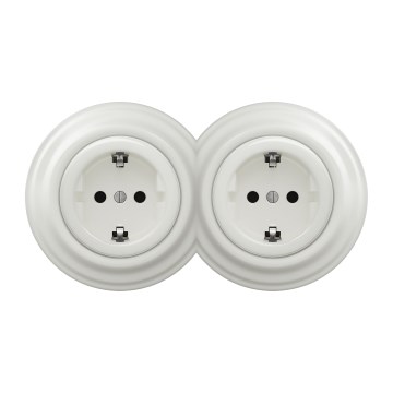Kliklap - Toma doble de estilo retro para uso doméstico con marco SCHUKO 230V/16A, de cerámica blanca