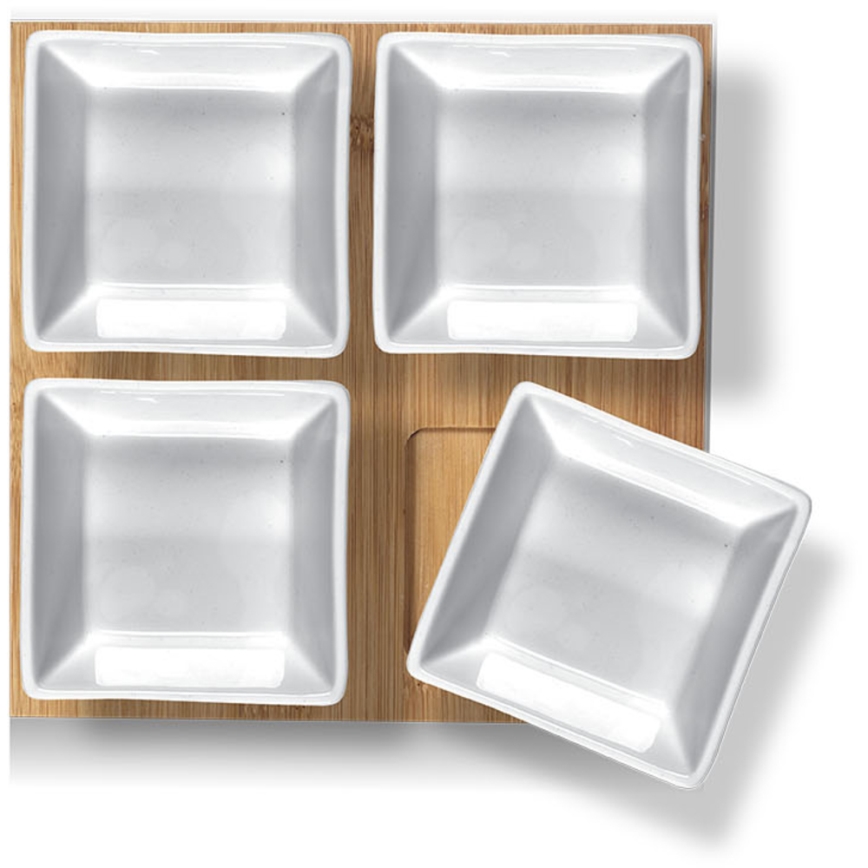 Lamart - Juego 4x cuencos de porcelana 19x19 cm + bandeja de madera