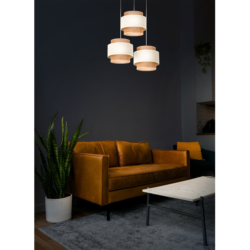 Lámpara colgante BOHO con cable 3xE27/60W/230V crema/yute