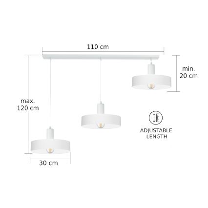 Lámpara colgante con cable ARCANE 3xE27/60W/230V blanca