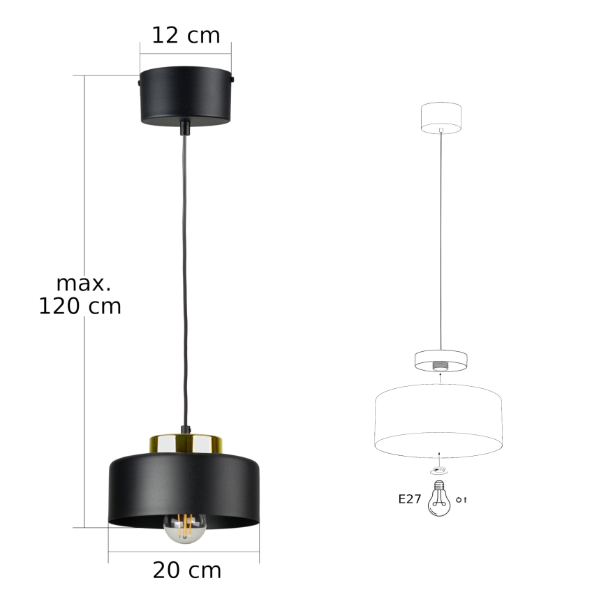 Lámpara colgante con cable IGNIA 1xE27/60W/230V negro/dorado