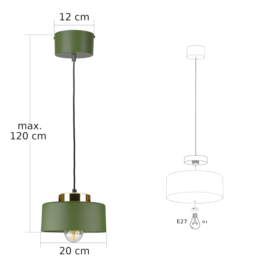 Lámpara colgante con cable IGNIA 1xE27/60W/230V verde/dorado