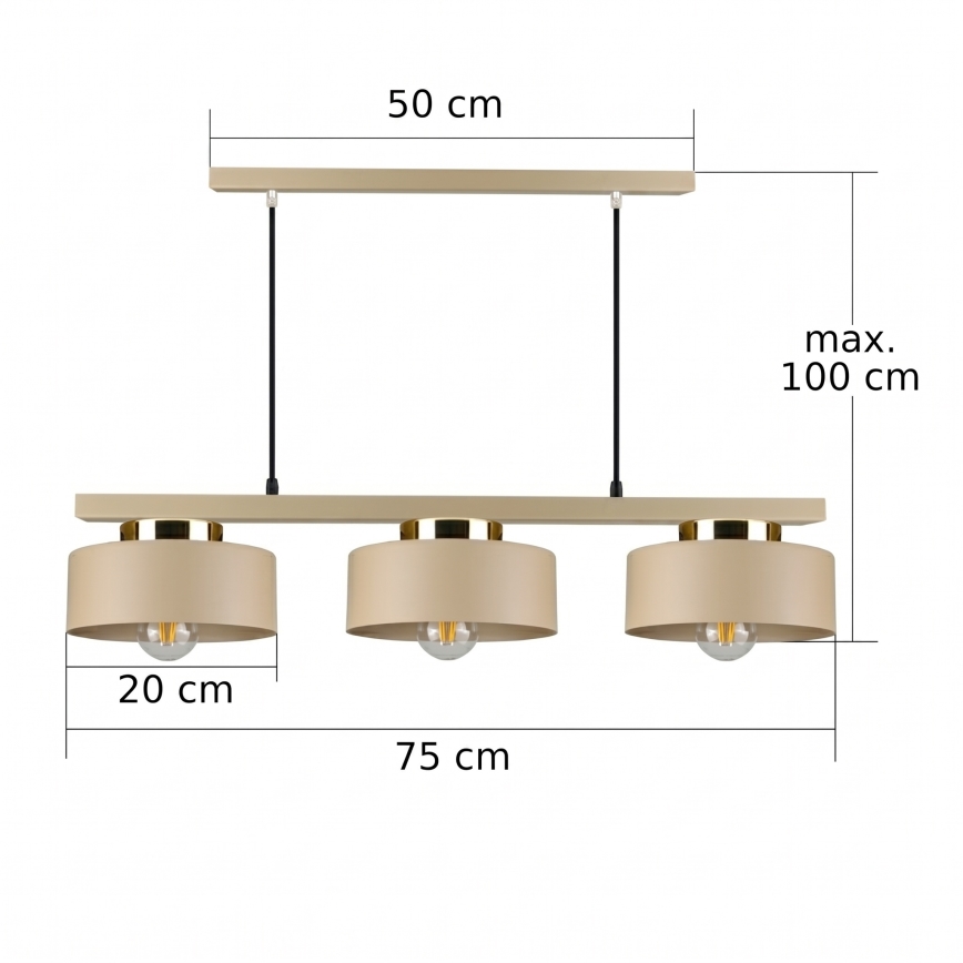 Lámpara colgante con cable IGNIA 3xE27/60W/230V beige/dorado