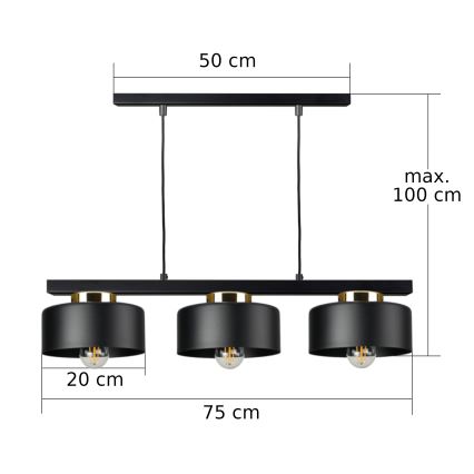 Lámpara colgante con cable IGNIA 3xE27/60W/230V negra/dorada