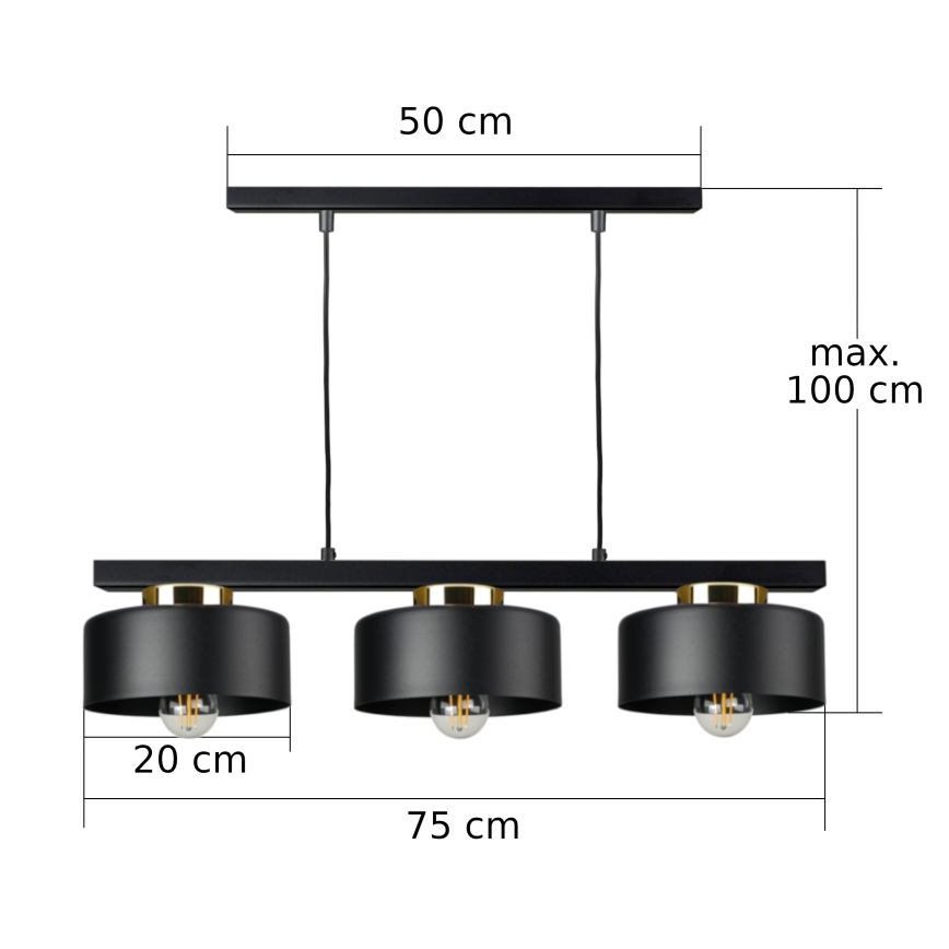 Lámpara colgante con cable IGNIA 3xE27/60W/230V negra/dorada