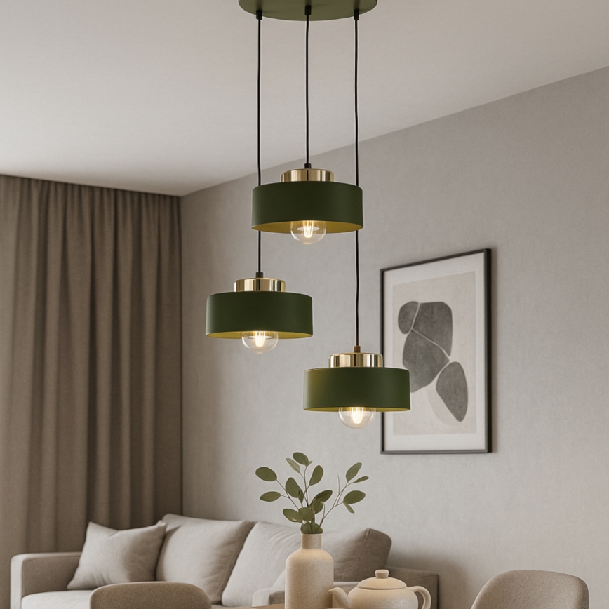 Lámpara colgante con cable IGNIA 3xE27/60W/230V verde/dorado