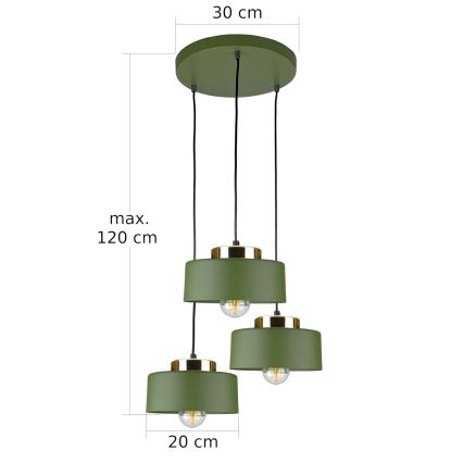 Lámpara colgante con cable IGNIA 3xE27/60W/230V verde/dorado