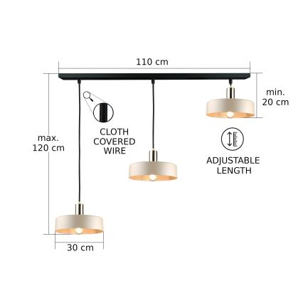 Lámpara colgante con cable LATTE 3xE27/60W/230V beige/negro/dorado