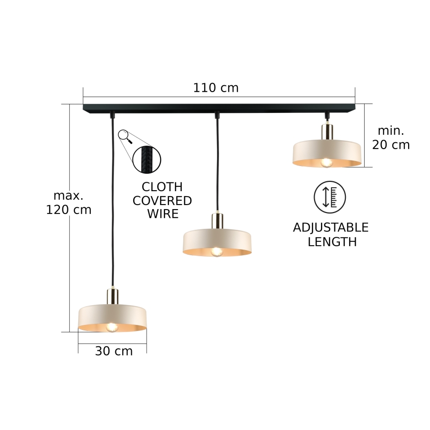 Lámpara colgante con cable LATTE 3xE27/60W/230V beige/negro/dorado