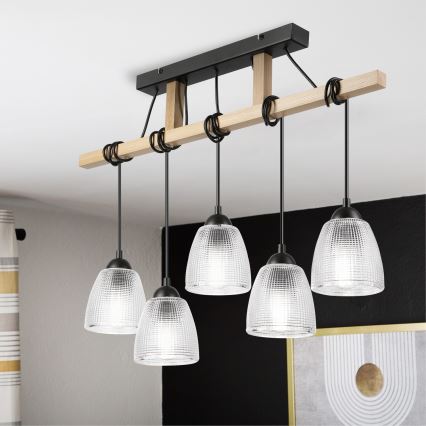 Lámpara colgante con cable LEANDRA 5xE27/15W/230V roble/negro
