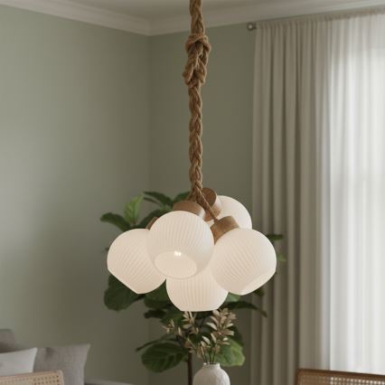 Lámpara colgante con cable LOOMIS 5xE27/15W/230V 130 cm beige/roble